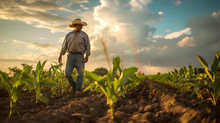 Capture the resilience of farmers as they work against the backdrop of storm clouds, rain, or even a rainbow
