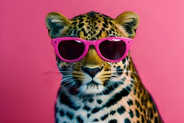 A stylish leopard wearing sunglasses against a vibrant pink background Generative AI - obrazy, fototapety, plakaty