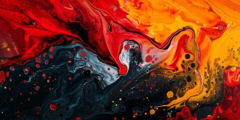 A painting of a red and black swirl with yellow spots