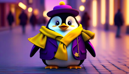 A cartoon penguin wearing a purple coat and a yellow hat with a feather, walking with a cane