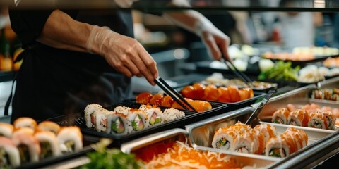 A man is making sushi in a restaurant