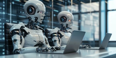 Two robots are sitting at a desk with laptops in front of them