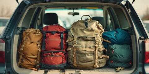 A car is filled with backpacks and other luggage