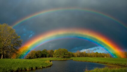 Celebrating Saint Patrick's Day with a magical rainbow that ends at a treasure-filled leprechaun's pot of gold Generative AI