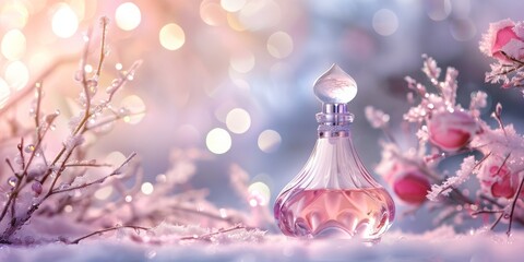 A bottle of perfume is on a snowy ground next to some flowers - obrazy, fototapety, plakaty