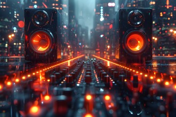Advanced Speaker Emanating 3D Holographic Sound Waves in a Neon-Lit Digital Cityscape: The Future of Music