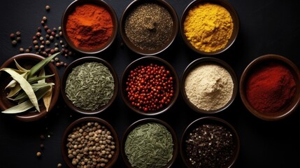 Obraz na płótnie Canvas Aromatic Essence - Variety of spices and herbs beautifully arranged