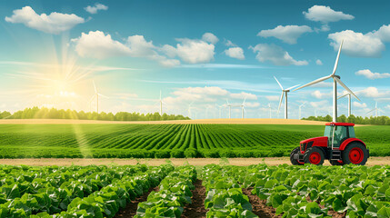 Illustrate the coexistence of agriculture and renewable energy with wind turbines in the background