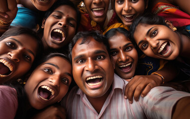 indian people group taking selfie while celebrating in the office - obrazy, fototapety, plakaty