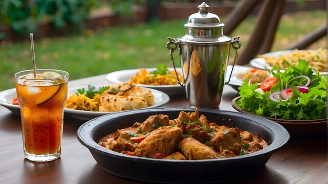 mutton karahi and chicken karahi spot at the beautiful table with cold drink and salad
