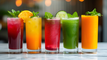 the vibrant colors of freshly squeezed juices made with locally sourced fruits and vegetables
