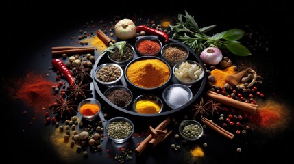 Obraz na płótnie Canvas Spice Ensemble Elegance - Assorted spices and herbs presented in an elegant arrangement