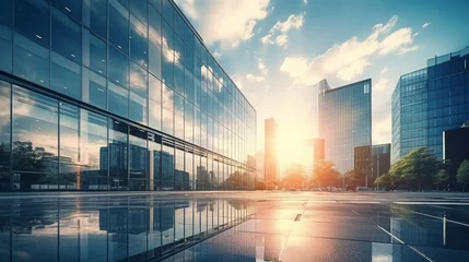 Deurstickers Modern office building or business center. High-rise window buildings made of glass reflect the clouds and the sunlight. empty street outside  wall modernity civilization. growing up business © pinkrabbit