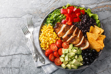 Southwest salad of chicken, corn, peppers, olives, avocado, tomatoes and onions close-up on a board...