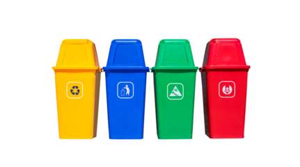 Set of waste sorting garbage cans in different colors isolated on transparent background, png file