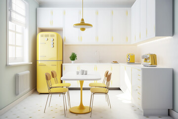 Interior of modern kitchen in light pastel colors. Generative AI	
