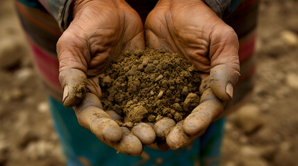 close-up of a farmer's weathered hands holding a handful of nutrient-rich soil - obrazy, fototapety, plakaty