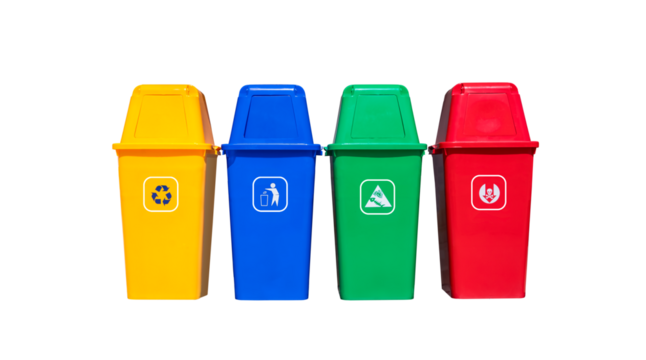 Set of waste sorting garbage cans in different colors isolated on transparent background, png file