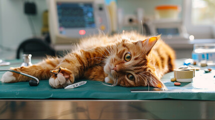 A sick cat lying lethargically on a table at the veterinarian's office, with a concerned vet nearby preparing to administer treatment, surrounded by medical equipment. 