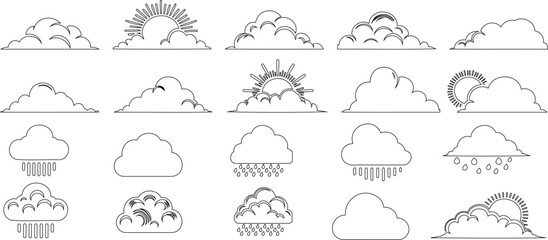 Line art of cloud icons, weather symbols, simple elegant designs for web, print, apps, logos, branding. Depicting sunny, rainy, stormy conditions. Perfect for meteorology, climate, nature themes