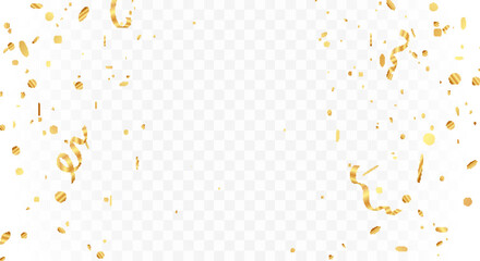 Luxury Gold confetti falls from the sky. confetti, streamer, tinsel on a transparent background. Holiday, birthday. Vector