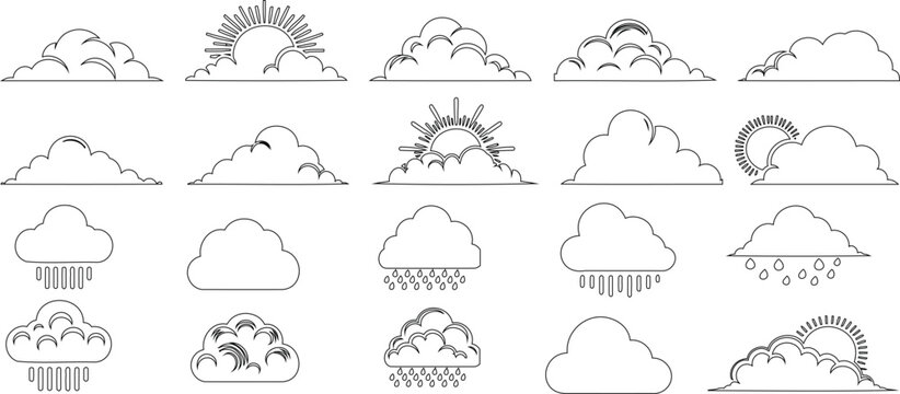 Line art of cloud icons, weather symbols, simple elegant designs for web, print, apps, logos, branding. Depicting sunny, rainy, stormy conditions. Perfect for meteorology, climate, nature themes
