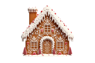 Decorated Gingerbread House. On a White or Clear Surface PNG Transparent Background..