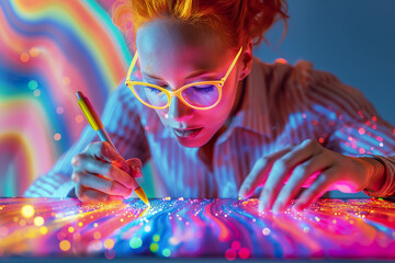 Businesswoman using tablet and glowing pen drawing a flowing rainbow pop from tablet screen