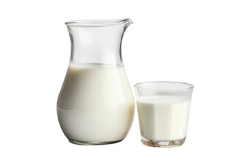 Milk Pitcher and Glass of Milk. On a White or Clear Surface PNG Transparent Background..