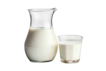 Milk Pitcher and Glass of Milk. On a White or Clear Surface PNG Transparent Background..
