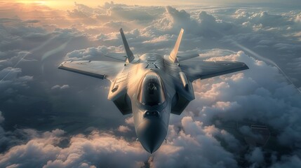 Head-on view of a state-of-the-art fighter jet flying high among sunlit clouds at sunset, displaying air superiority. - obrazy, fototapety, plakaty