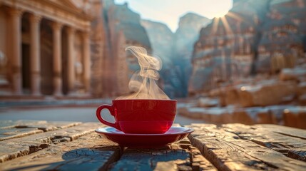 Petra in Jordan Bathed in soft light Whispering stories about ancient civilizations The architecture is also beautiful. A red coffee cup has some smoke floating in it. - obrazy, fototapety, plakaty