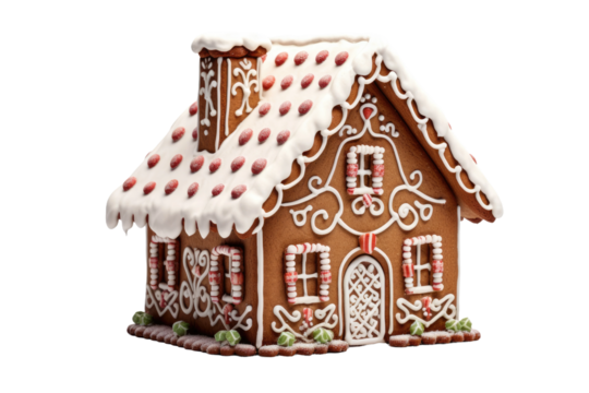 Gingerbread House With Icing on Top. On a White or Clear Surface PNG Transparent Background..