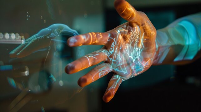 Developing a holographic hand for augmented reality business simulations, augmented reality projection of a hand displaying the various movements