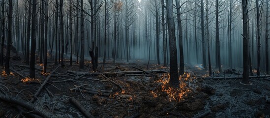 Pine forest devastated by wildfire in Tenerife, scorched trees, smoldering ground - obrazy, fototapety, plakaty