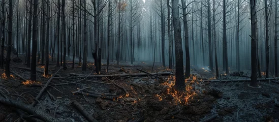 Foto op Plexiglas Pine forest devastated by wildfire in Tenerife, scorched trees, smoldering ground © saichon