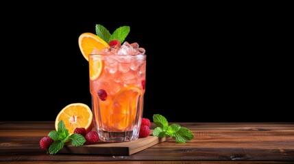 Juice or lemonade in a glass, made from different fruits and berries. A refreshing refreshing drink. A healthy organic drink. Proper nutrition and diet.