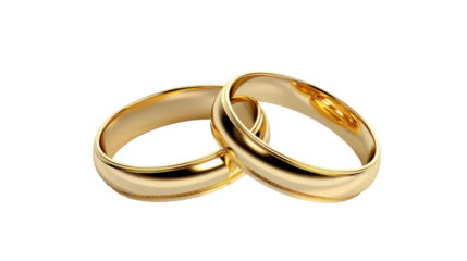 Two Gold Wedding Rings on White Background. On a White or Clear Surface PNG Transparent Background..