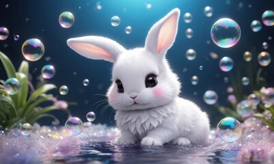 Fototapeta na wymiar rabbit in soap bubbles many floating cute and sparkling
