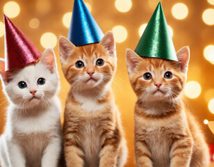 Cute little kittens celebrating their birthday in party hats. Confetti with lights.