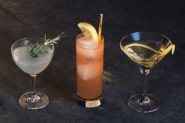 rosemary gimlet, lemonade, martini with lemon cocktails in a row