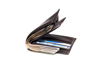 Picture concept with finance and banking. Brown leather wallet with money isolated on white background