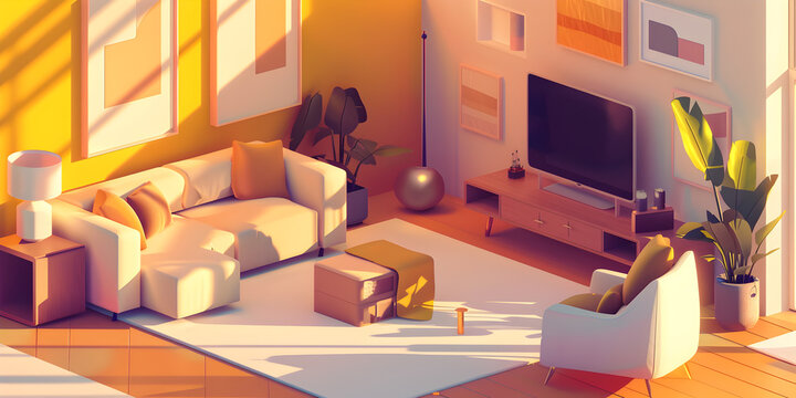 Photo isometric view of cozy living room wallpaper, Isometric Perspective: Cozy Living Room Wallpaper Photography