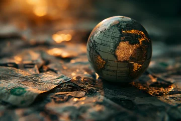 Fotobehang The Earth Globe sits on the ground in the middle of a changing economy. When money is worthless due to the economic crisis It is a symbol of global finance and banking. © VRAYVENUS
