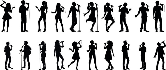 Singing silhouette, diverse people singing vector, musical performance. Vector illustration of group singing, isolated on white background. Perfect for music events, choir concerts, karaoke nights - obrazy, fototapety, plakaty