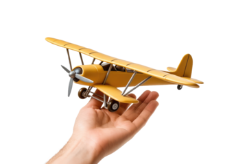 Hand Holding Toy Airplane. On a White or Clear Surface PNG Transparent Background..