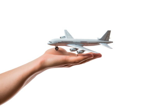 Hand Holding Model Airplane. On a White or Clear Surface PNG Transparent Background..