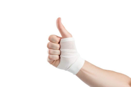 Hand With Bandage Giving Thumbs Up. On a White or Clear Surface PNG Transparent Background..