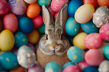 Fototapeta na wymiar Happy easter bunny with many colorful easter eggs.
