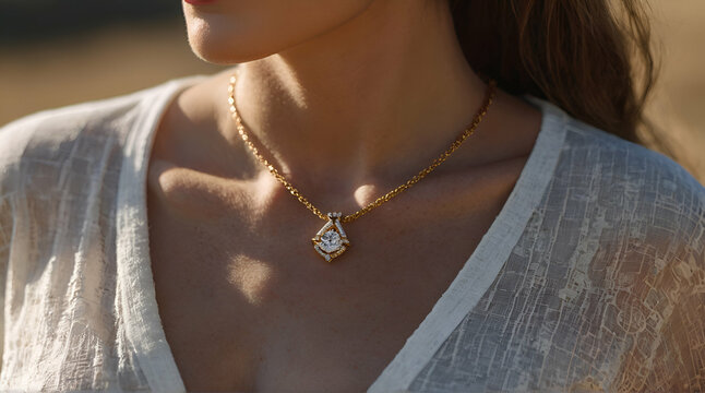 Elegant woman wearing a stunning pendant in soft sunlight Delicate chain with a precious gem Opulent jewelry. generative.ai